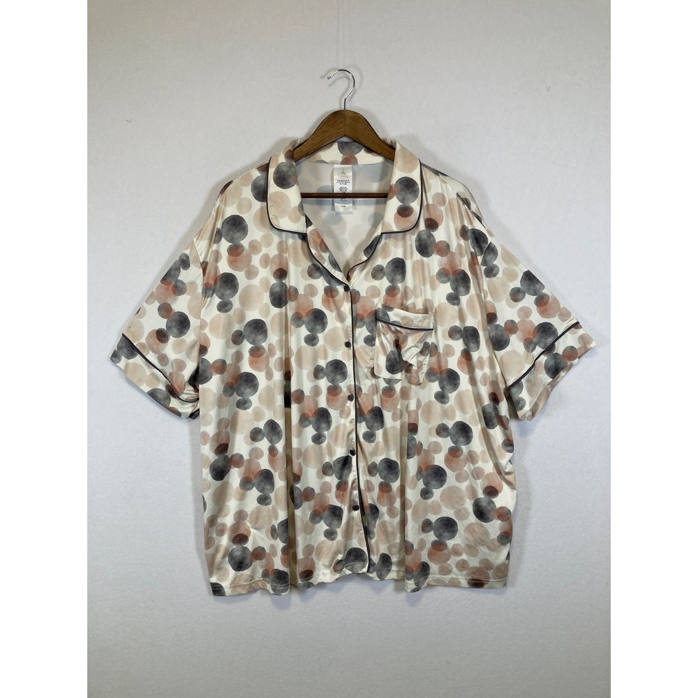 Disney Pajama Top Womens 3X Beige Mickey Mouse Watercolor Polka‎ Dot Button Up - Picture 1 of 9